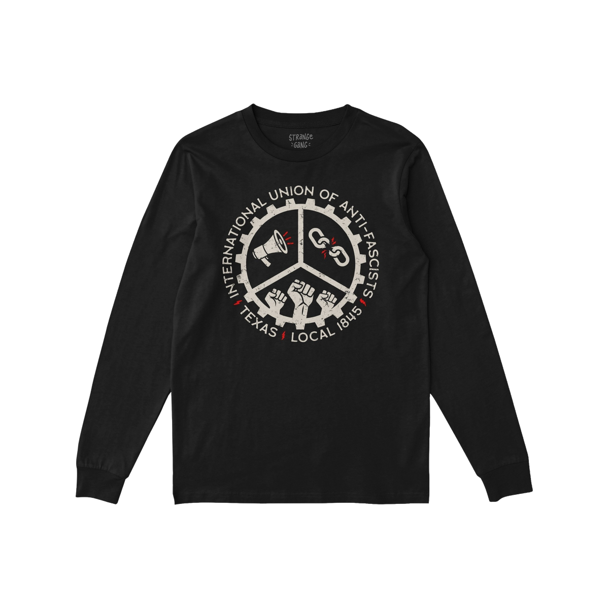 Custom Anti-Fascist Union Long Sleeve T-shirt features a circular emblem with a cog, megaphone, broken chain, and raised fist