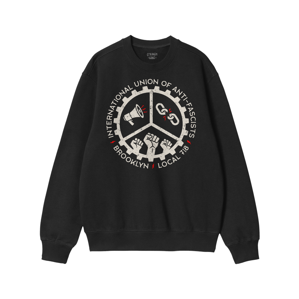 Custom Anti-Fascist Union Sweatshirt with cogwheel graphic, featuring megaphone, broken chain, and raised fists icons. Text r
