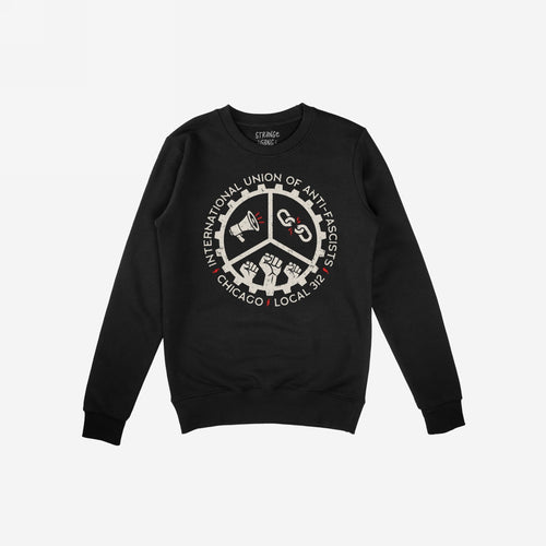 Chicago Anti-Fascist Union Hoodie & Sweatshirt featuring a gear wheel with a megaphone, broken chain, and fists, encircled by INTERNATIONAL UNION OF ANTI-FASCISTS and CHICAGO • LOCAL 312.