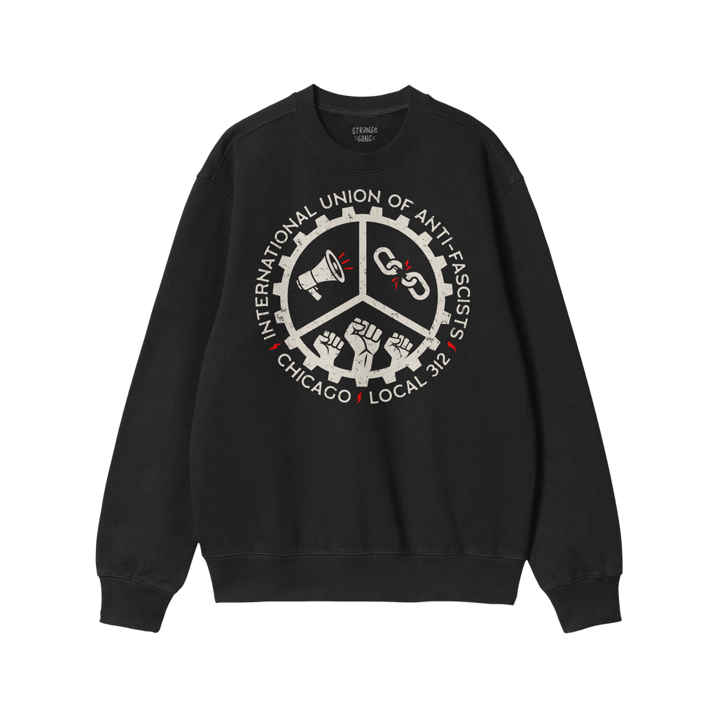 Custom Anti-Fascist Union Sweatshirt features a gear-like graphic with symbols of a megaphone, broken chain, and raised fists
