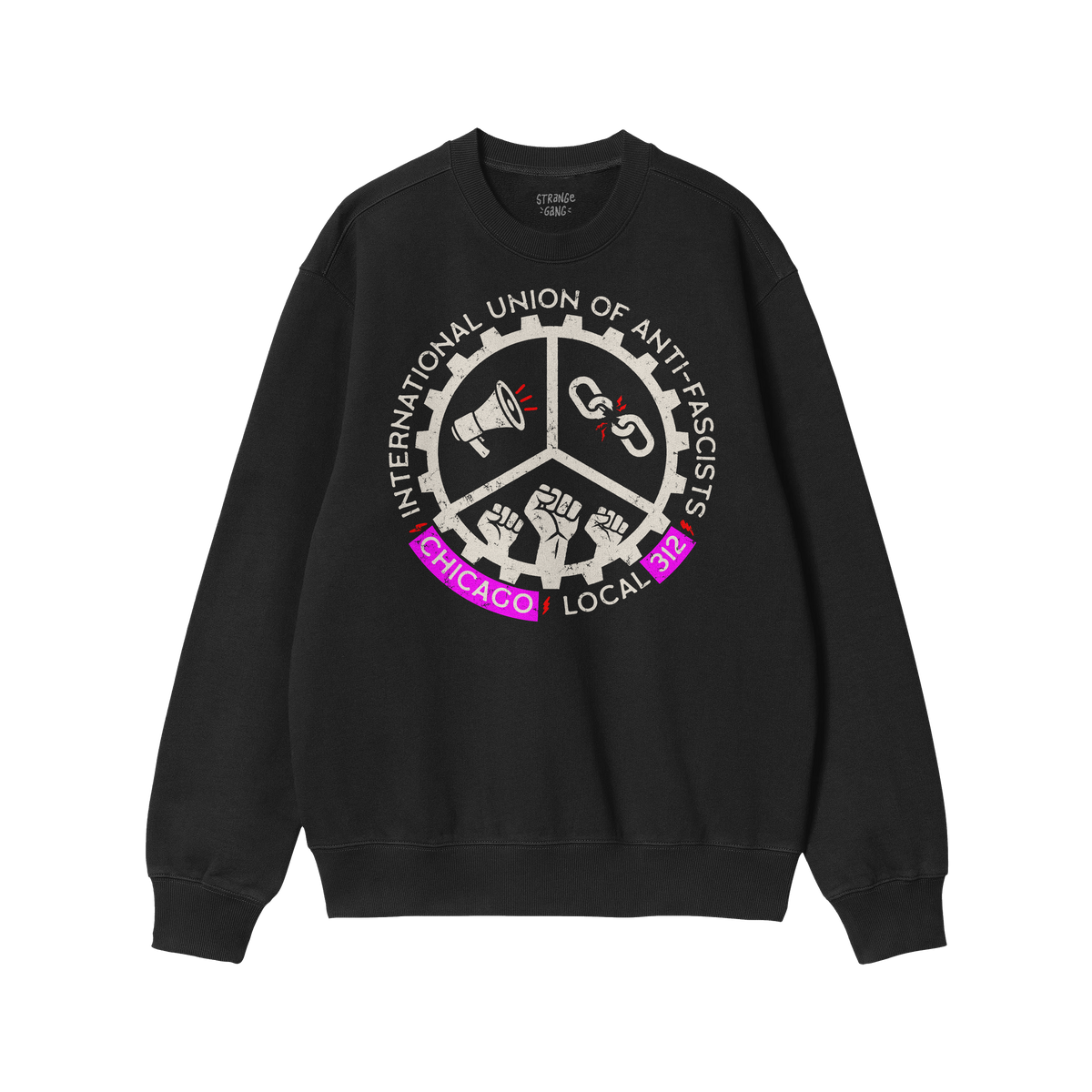Custom Anti-Fascist Union Sweatshirt features a bold graphic with a megaphone, broken chain, and raised fists, promoting unit