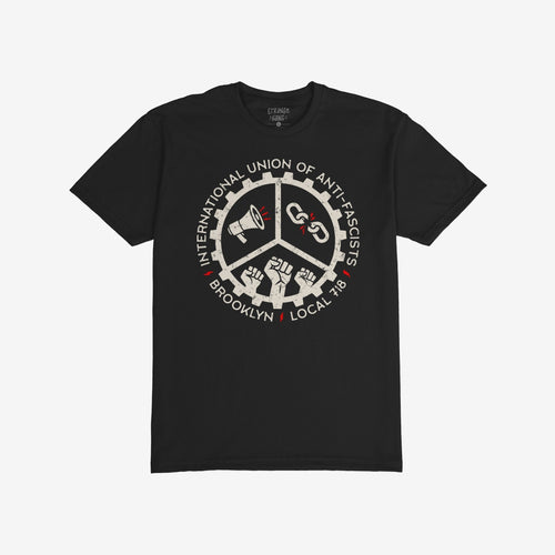 Brooklyn Anti-Fascist Union T-shirt featuring a distressed gear-shaped graphic with megaphone, broken chain, and raised fists, symbolizing borough pride and solidarity against fascism. Perfect for marches and community events.