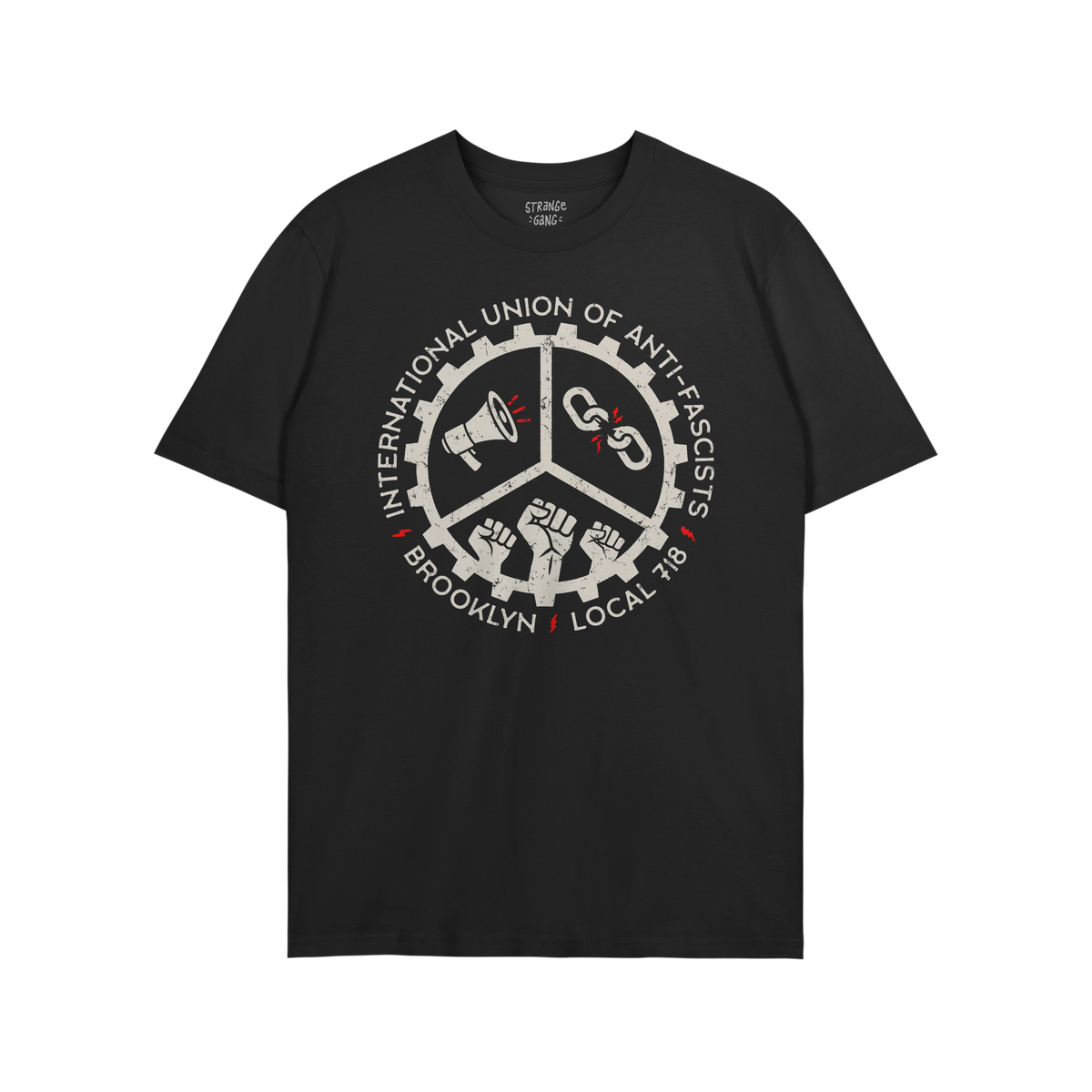 Brooklyn Anti-Fascist Union T-shirt featuring a distressed gear-shaped graphic with megaphone, broken chain, and raised fists