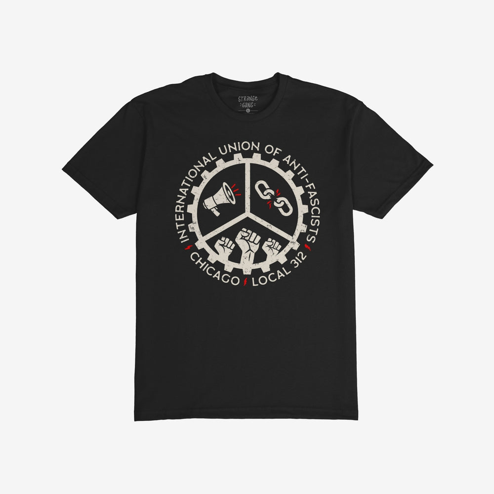 Custom Anti-Fascist Union T-shirt featuring a circular badge for the International Union of Anti-Fascists, Chicago Local 312, with symbols of protest, liberation, and solidarity. Tailor it to your local chapter or meaningful location.
