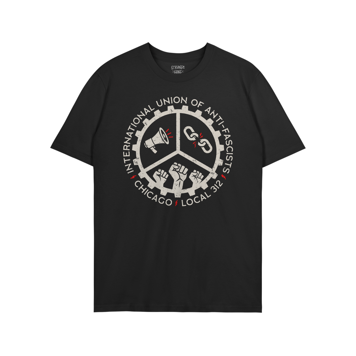 Custom Anti-Fascist Union T-shirt featuring a circular badge for the International Union of Anti-Fascists, Chicago Local 312,