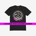 Custom Anti-Fascist Union T-shirt featuring a cog-shaped logo with megaphone, broken chain, and raised fists. Includes customizable location and chapter number, emphasizing anti-fascist activism and local engagement.