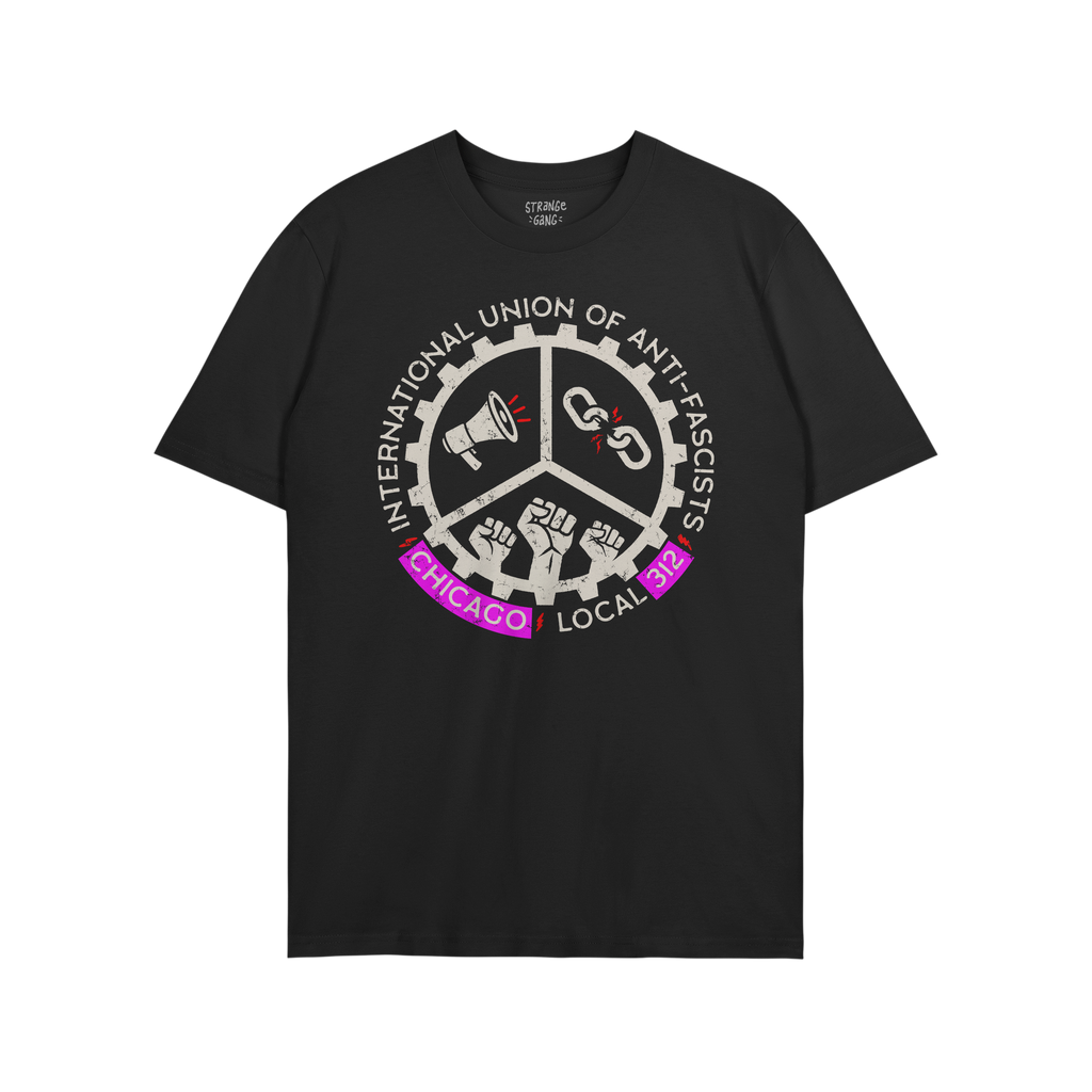 Custom Anti-Fascist Union T-shirt featuring a cog-shaped logo with megaphone, broken chain, and raised fists. Includes custom