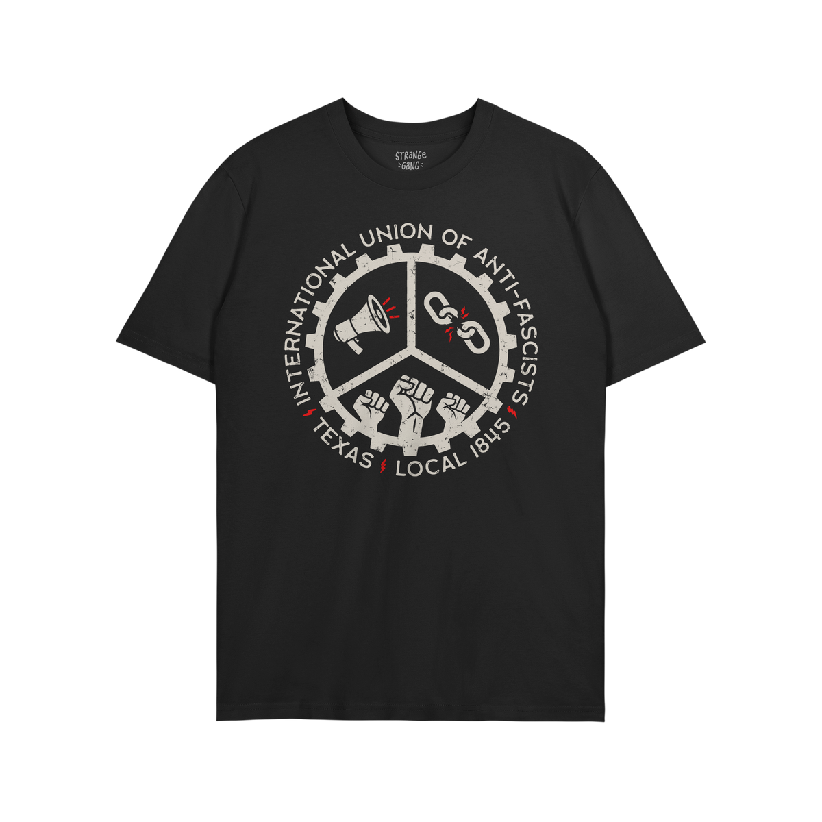 Texas Anti-Fascist Union T-shirt features a vintage-style circular graphic with a megaphone, broken chains, and raised fists,