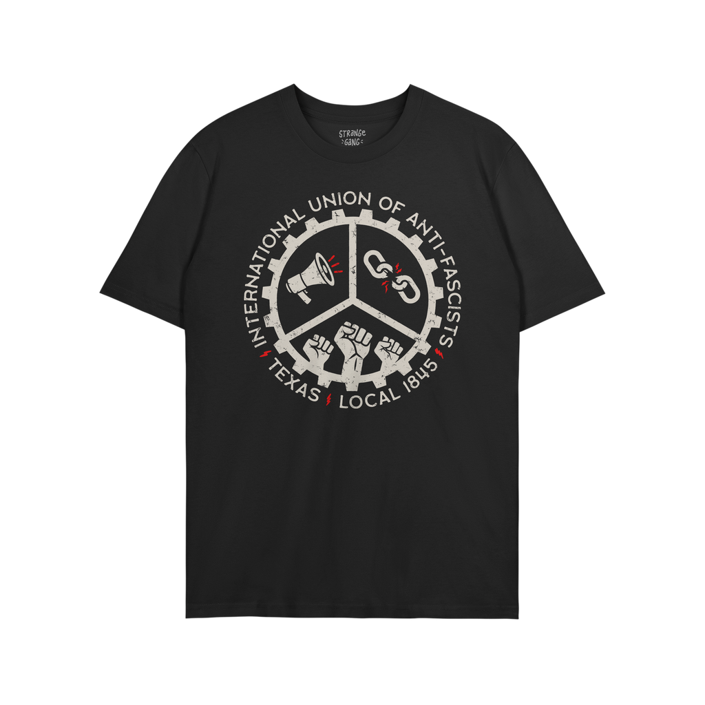 Custom Anti-Fascist Union T-shirt with a circular graphic featuring a gear divided by a peace symbol, showcasing a megaphone,