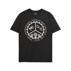 Custom Anti-Fascist Union T-shirt with a circular graphic featuring a gear divided by a peace symbol, showcasing a megaphone,