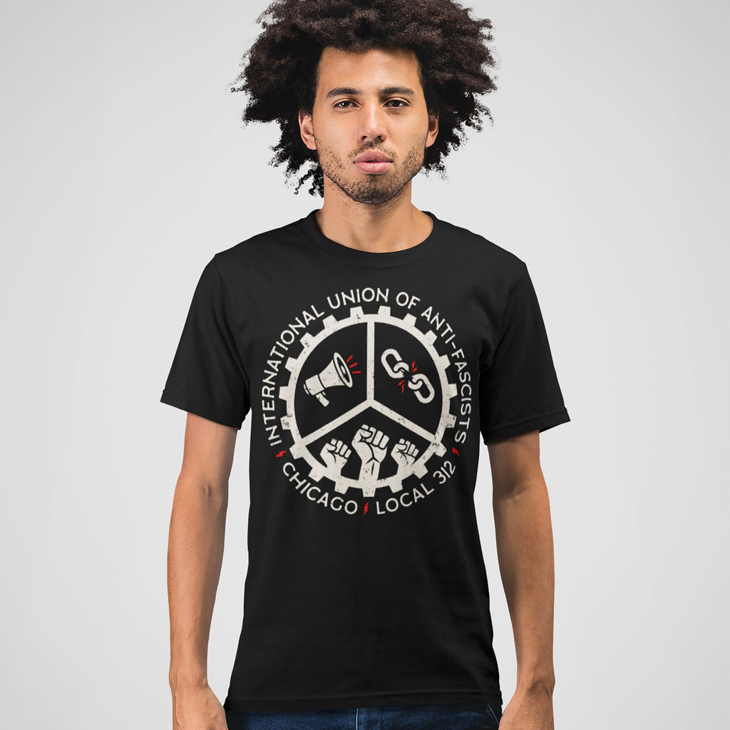 Chicago Anti-Fascist Union T-shirt features a distressed emblem with a megaphone, broken chain, and raised fists, symbolizing activism and unity, perfect for making a political statement in everyday life.