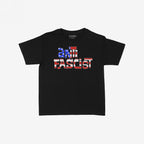 Anti-Fascist USA Women's Baby Tee features “ANTIFASCIST” in stencil-style letters with a distressed U.S. flag motif, symbolizing resistance and rebellion, perfect for making a bold statement against hate.