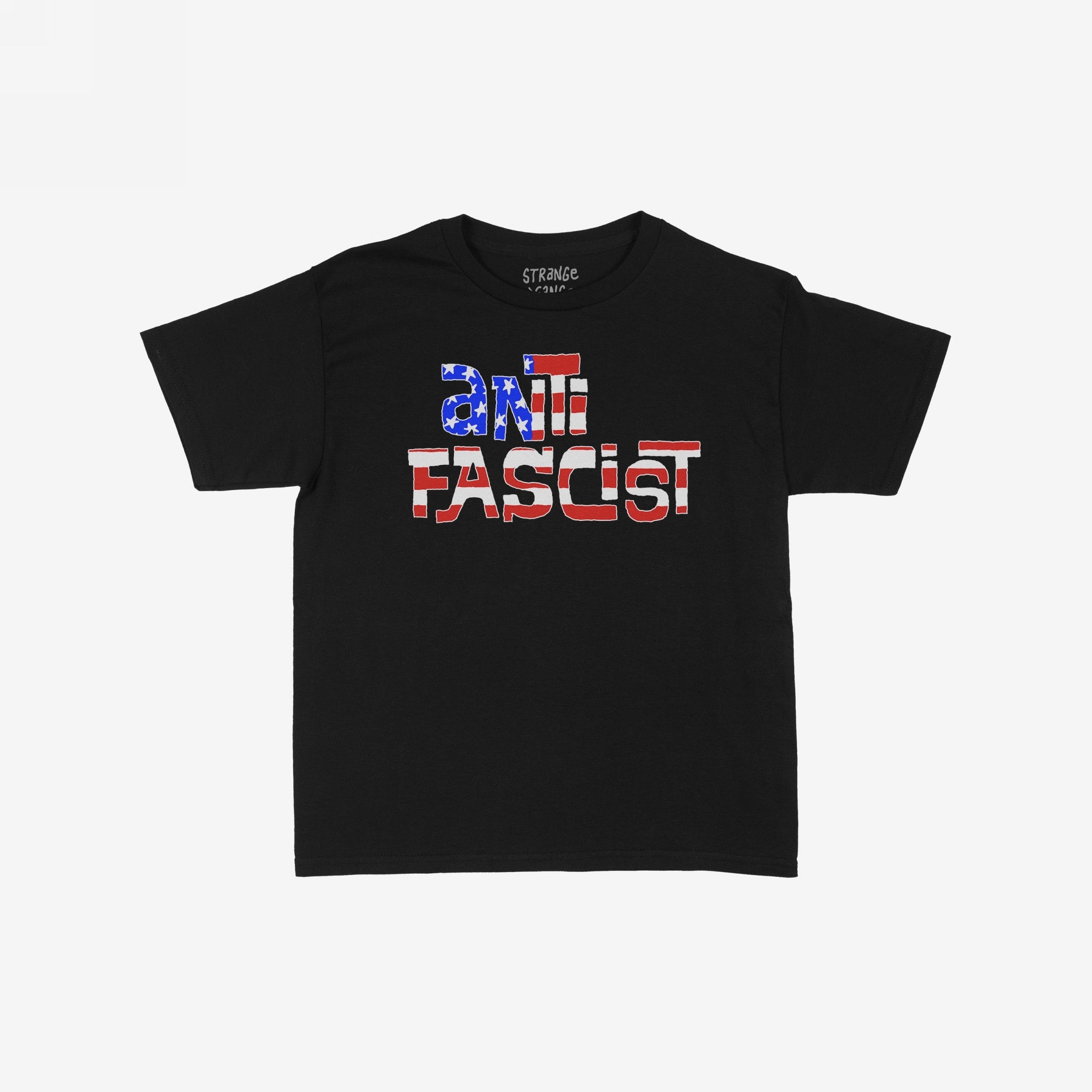 Anti-Fascist USA Women's Baby Tee features “ANTIFASCIST” in stencil-style letters with a distressed U.S. flag motif, symbolizing resistance and rebellion, perfect for making a bold statement against hate.