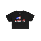 Anti-Fascist USA Women's Baby Tee features “ANTIFASCIST” in stencil-style letters with a distressed U.S. flag motif, symb