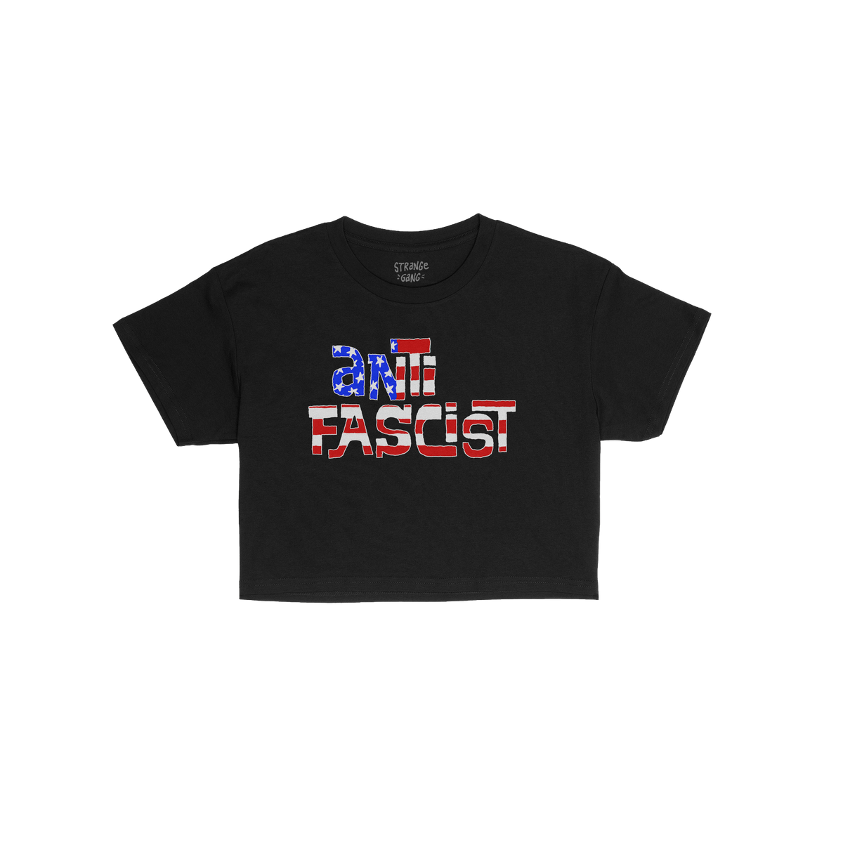 Anti-Fascist USA Women's Baby Tee features “ANTIFASCIST” in stencil-style letters with a distressed U.S. flag motif, symb