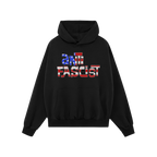 Black hoodie featuring the Anti Fascist USA Shirt graphic, with a distressed American flag motif. Designed for activism and p