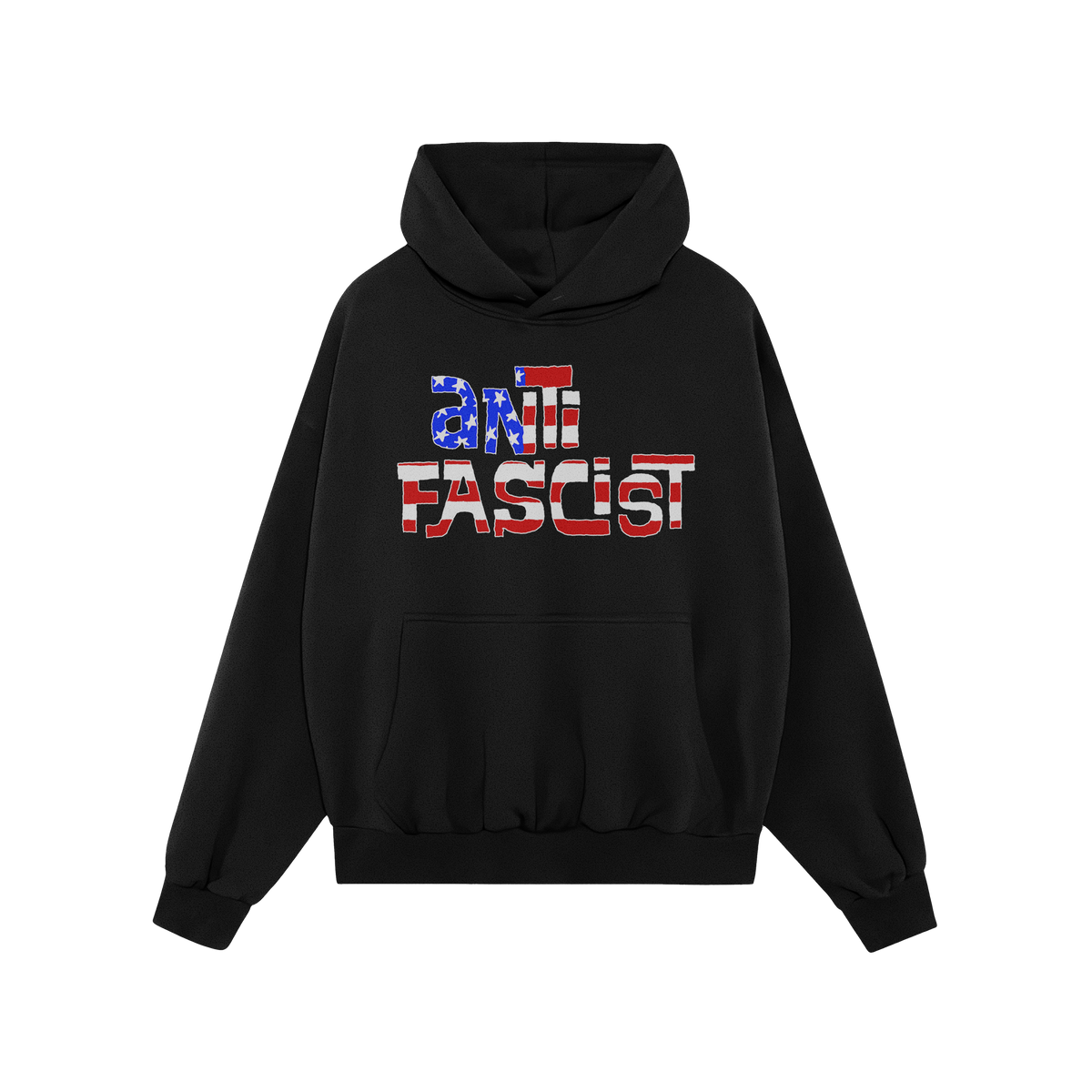 Black hoodie featuring the Anti Fascist USA Shirt graphic, with a distressed American flag motif. Designed for activism and p