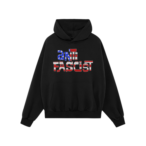 Black hoodie featuring the Anti Fascist USA Shirt graphic, with a distressed American flag motif. Designed for activism and p