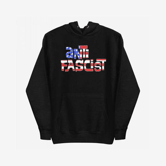 Anti-Fascist USA Hoodie & Sweatshirt featuring a bold anti FASCIST graphic. The design uses stars and stripes to symbolize reclaiming patriotism, aligning with values of resistance and equality.