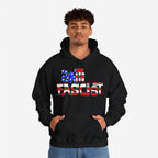 Young man wearing the Anti Fascist USA Shirt, a black hoodie featuring ANTI FASCIST with an American-flag motif, symbolizing progressive resistance and patriotism. Hands in kangaroo pocket, paired with blue jeans.