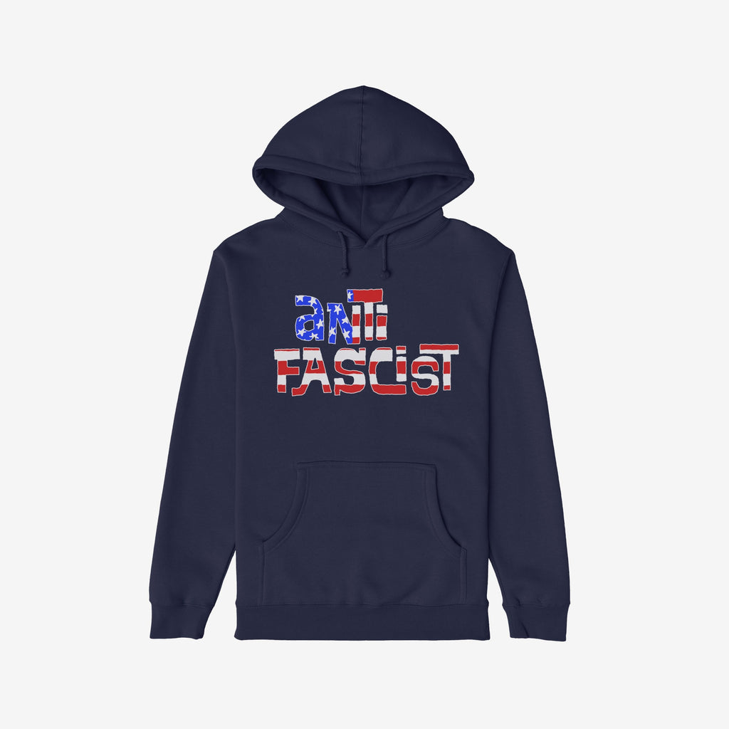 Anti Fascist USA Shirt features a dark navy-blue hoodie with “ANTIFASCIST” in a stars-and-stripes stencil design, symbolizing resistance and patriotism. Ideal for activism and supporting equality.