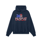 Anti Fascist USA Shirt features a dark navy-blue hoodie with “ANTIFASCIST” in a stars-and-stripes stencil design, symboli