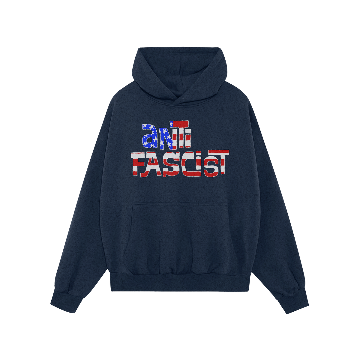 Anti Fascist USA Shirt features a dark navy-blue hoodie with “ANTIFASCIST” in a stars-and-stripes stencil design, symboli