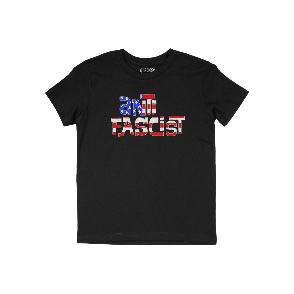 Anti Fascist USA Shirt featuring bold ANTI FASCIST text in American flag colors, laid flat. Ideal for rallies and activism, e