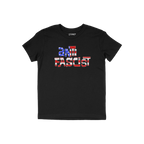 Anti Fascist USA Shirt featuring bold ANTI FASCIST text in American flag colors, laid flat. Ideal for rallies and activism, e