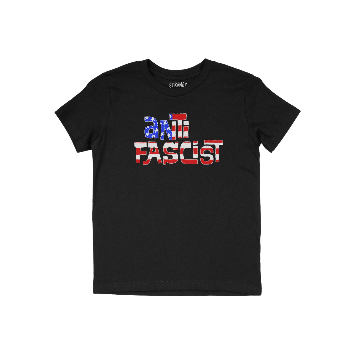 Anti Fascist USA Shirt featuring bold ANTI FASCIST text in American flag colors, laid flat. Ideal for rallies and activism, e