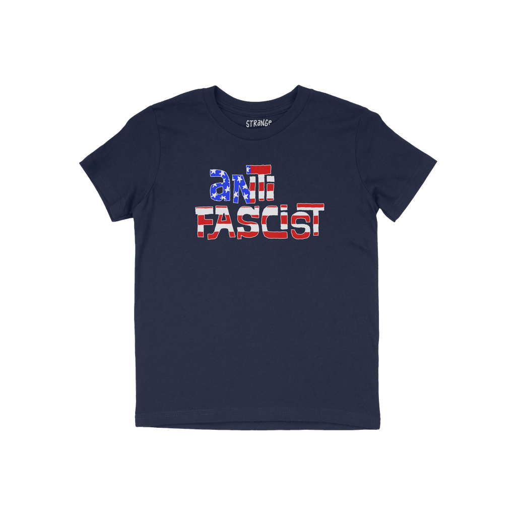 Anti Fascist USA Shirt featuring a hand-drawn U.S.-flag motif with anti-FASCIST slogan printed on a navy-blue T-shirt, embody