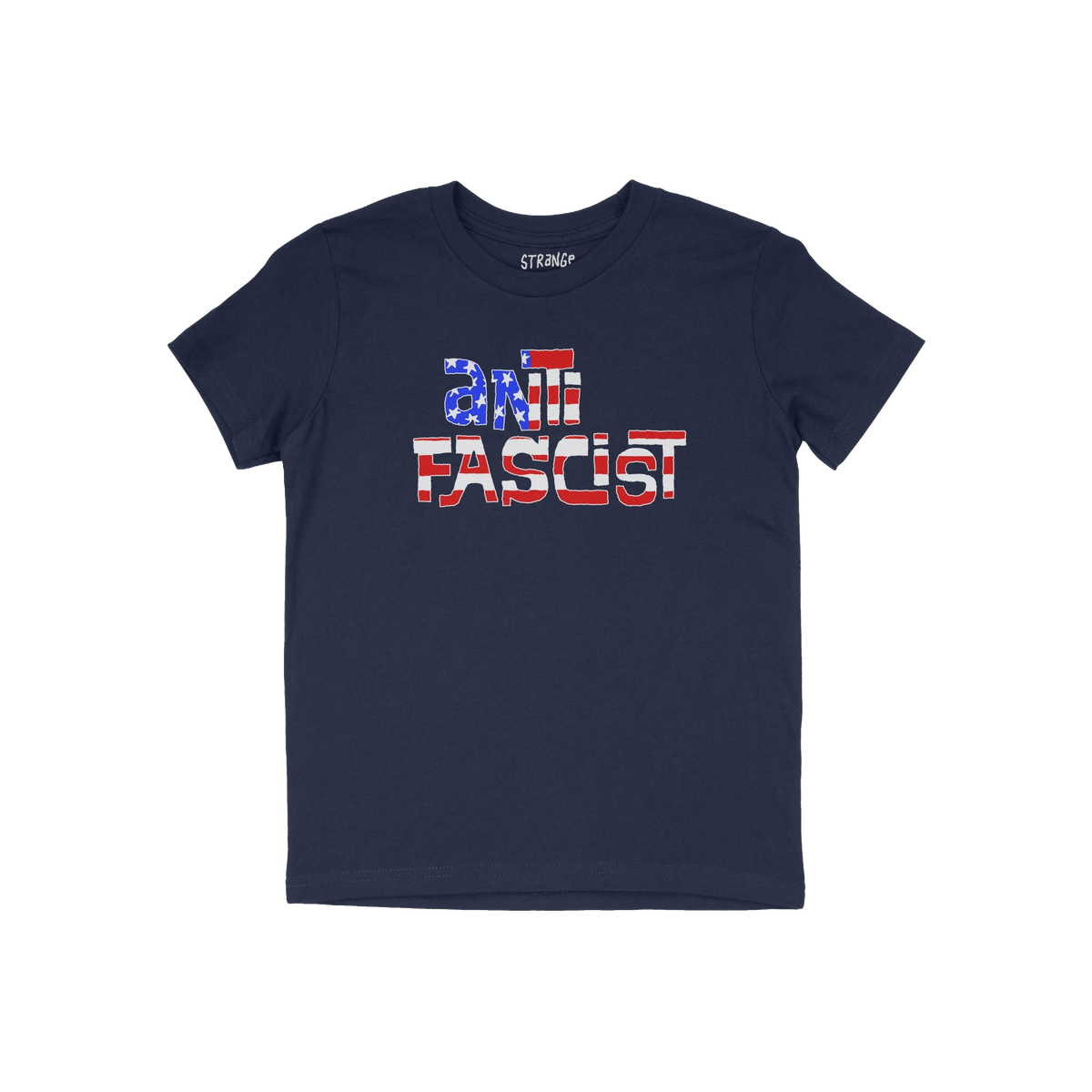 Anti Fascist USA Shirt featuring a hand-drawn U.S.-flag motif with anti-FASCIST slogan printed on a navy-blue T-shirt, embody