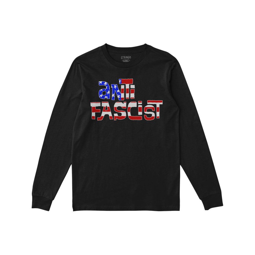 Black long-sleeved tee titled Anti Fascist USA Shirt featuring ANTI FASCIST in a patriotic red-white-blue pattern, symbolizin