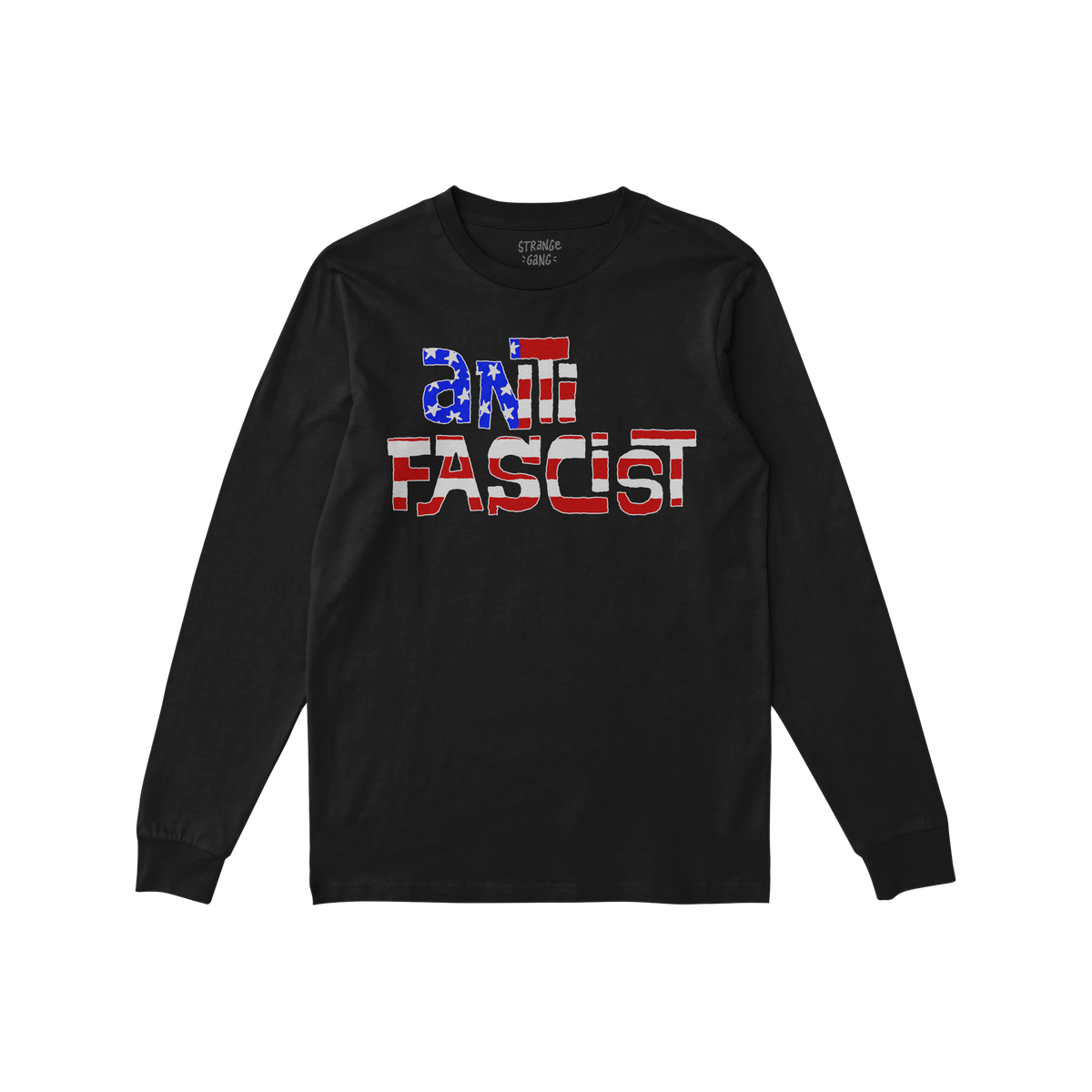 Black long-sleeved tee titled Anti Fascist USA Shirt featuring ANTI FASCIST in a patriotic red-white-blue pattern, symbolizin