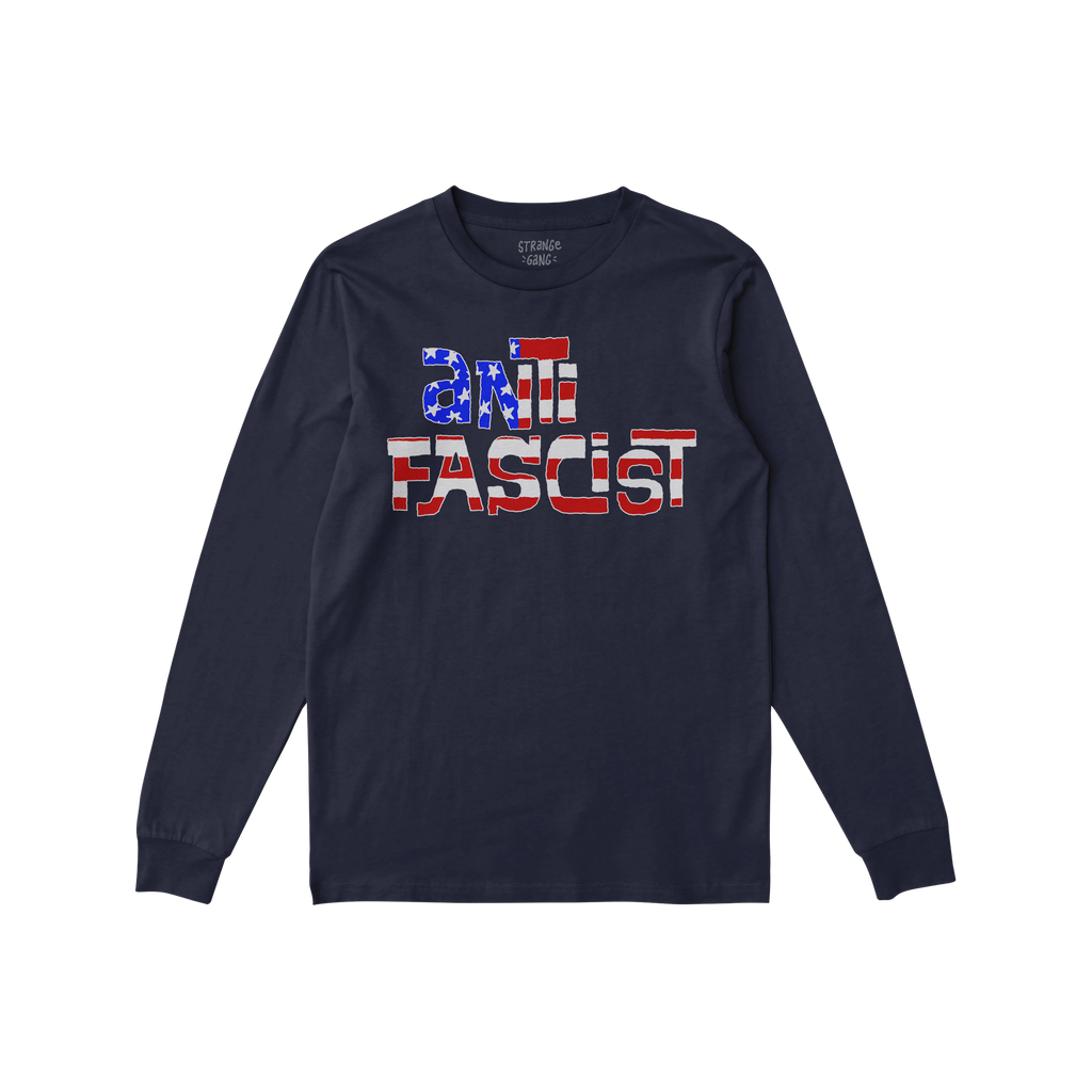Anti Fascist USA Shirt with an American-flag motif boldly displays anti FASCIST across the chest, symbolizing progressive res