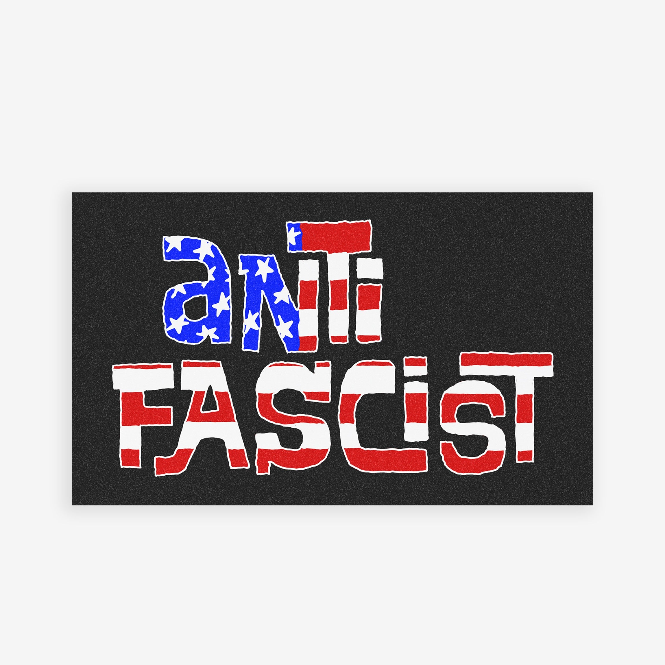 Anti Fascist USA Sticker & Magnet design features the U.S. Capitol with “ANTI FASCIST” in American-flag styled letters, emphasizing resistance. The product offers options as a sticker or magnet.