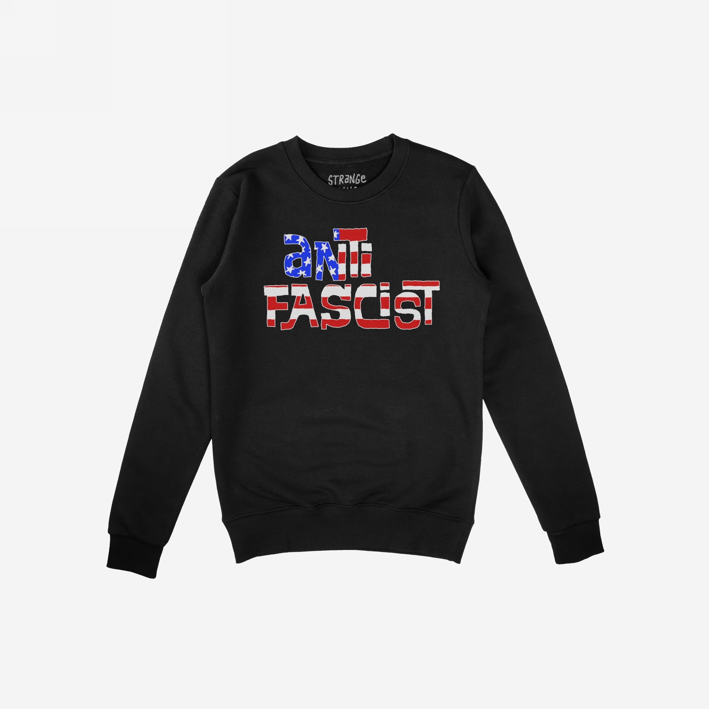 Anti Fascist USA Shirt: A black crewneck sweatshirt featuring ANTI FASCIST in distressed stars-and-stripes lettering, symbolizing patriotism and resistance against hate, supporting ACLU's mission for equality.