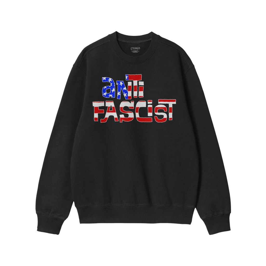 Anti Fascist USA Shirt: A black crewneck sweatshirt featuring ANTI FASCIST in distressed stars-and-stripes lettering, symboli