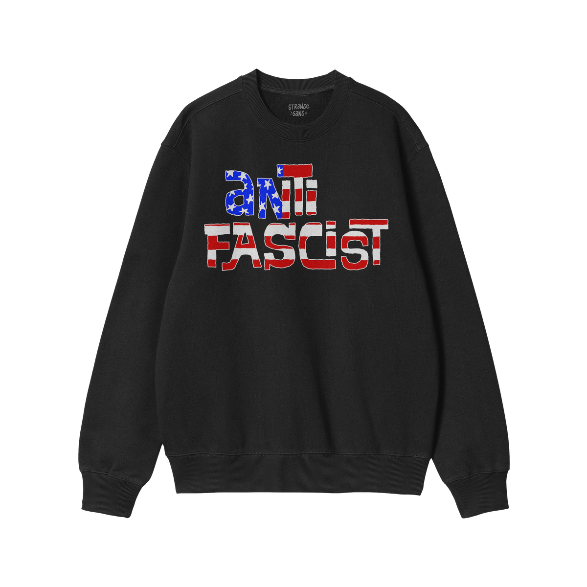 Anti Fascist USA Shirt: A black crewneck sweatshirt featuring ANTI FASCIST in distressed stars-and-stripes lettering, symboli