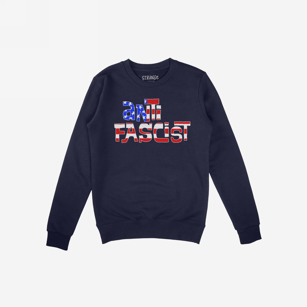 Navy-blue crewneck sweatshirt with ANTIFASCIST in a red-white-and-blue motif, embodying the Anti Fascist USA Shirt's message of resistance and patriotism. Supports ACLU.