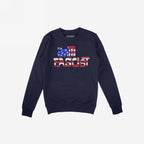 Navy-blue crewneck sweatshirt with ANTIFASCIST in a red-white-and-blue motif, embodying the Anti Fascist USA Shirt's message of resistance and patriotism. Supports ACLU.