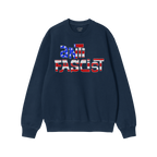 Navy-blue crewneck sweatshirt with ANTIFASCIST in a red-white-and-blue motif, embodying the Anti Fascist USA Shirt's message 