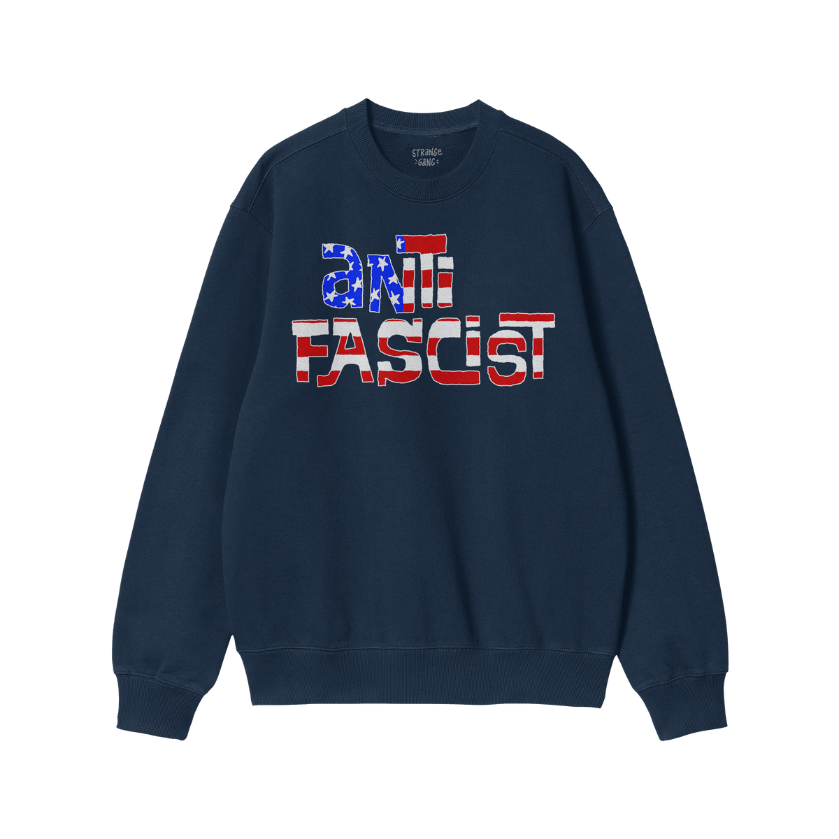 Navy-blue crewneck sweatshirt with ANTIFASCIST in a red-white-and-blue motif, embodying the Anti Fascist USA Shirt's message 