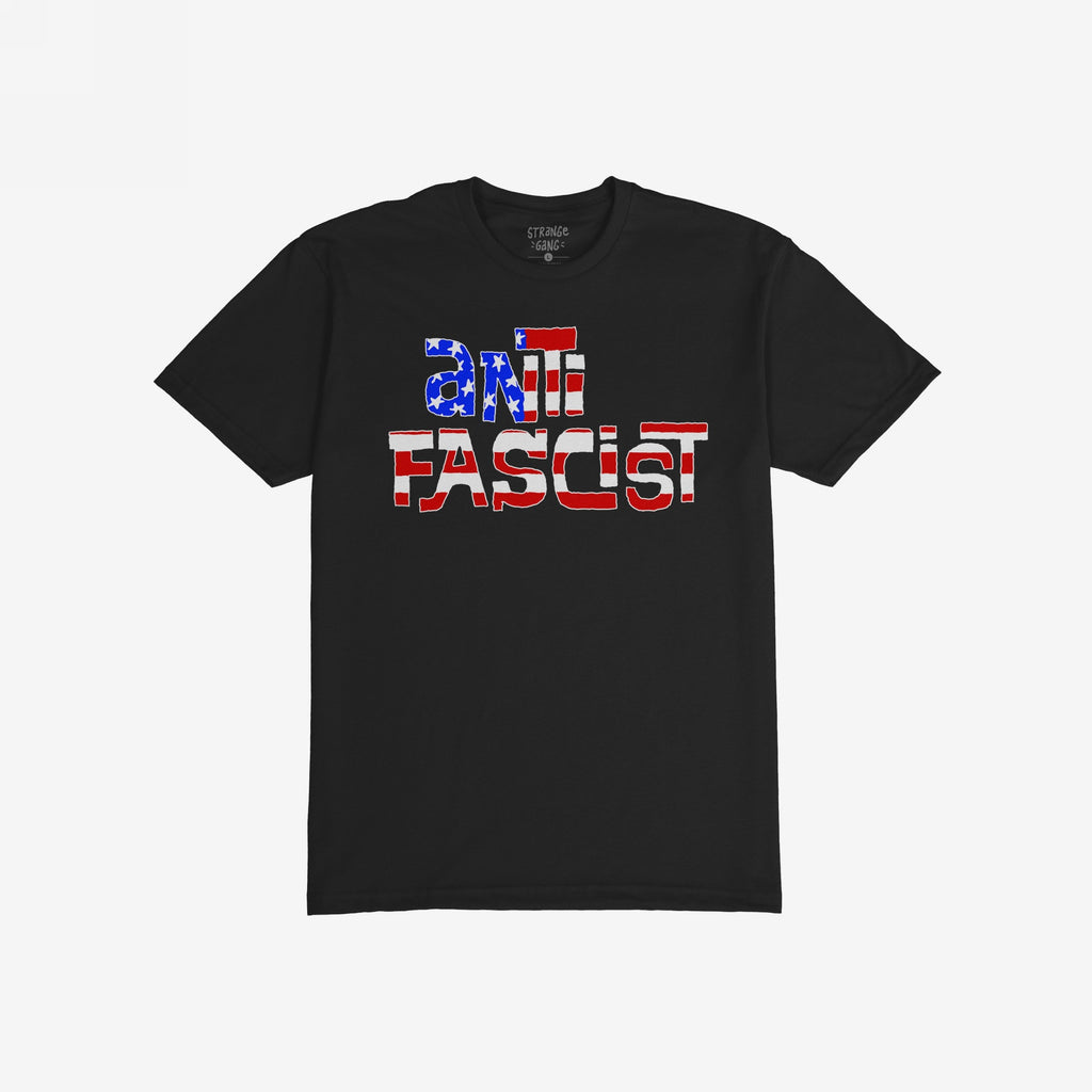 Anti Fascist USA Shirt featuring “ANTI FASCIST” text with a distressed U.S. flag pattern, symbolizing resistance and true patriotism. Ideal for rallies and supporting equality. Benefitting ACLU.