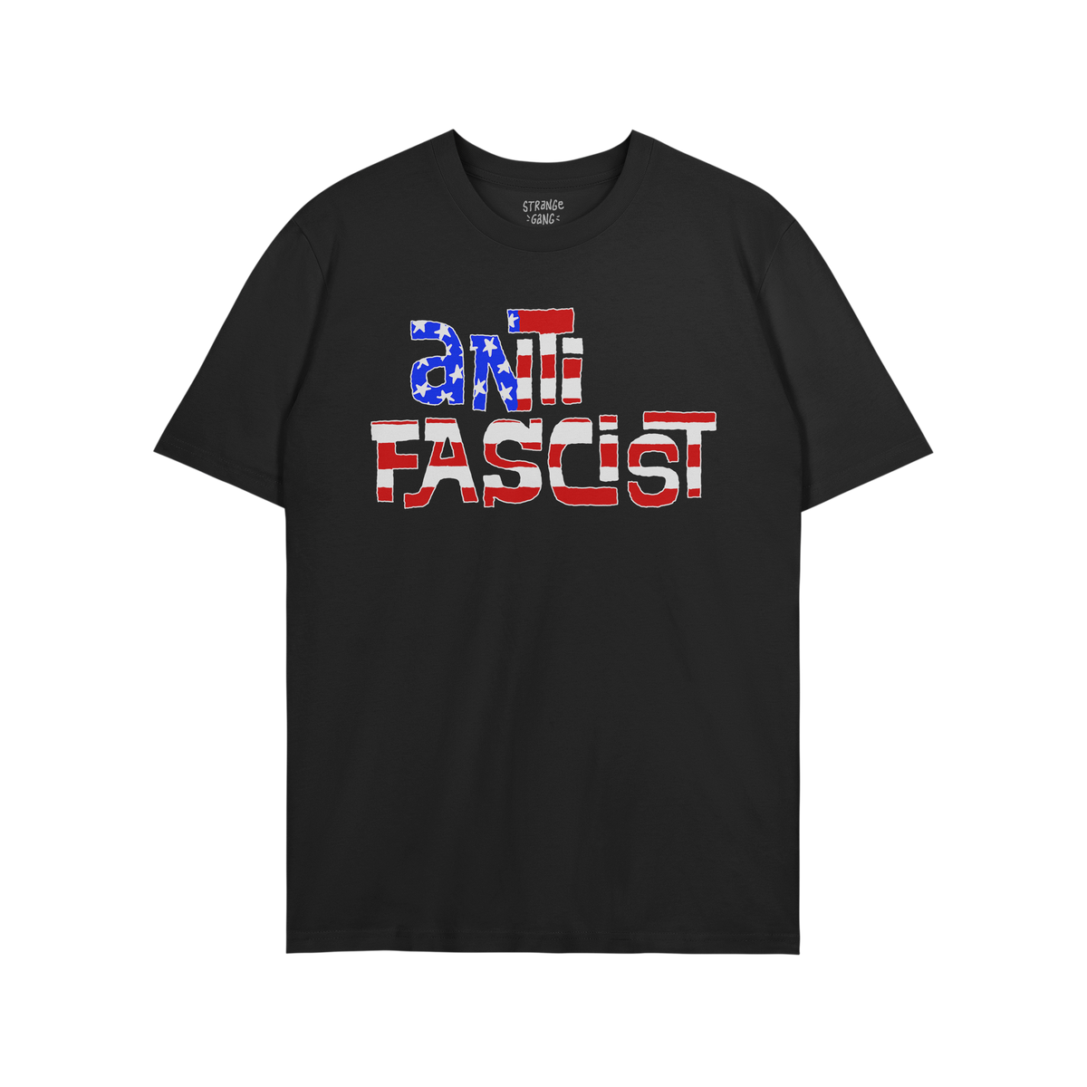 Anti Fascist USA Shirt featuring “ANTI FASCIST” text with a distressed U.S. flag pattern, symbolizing resistance and true