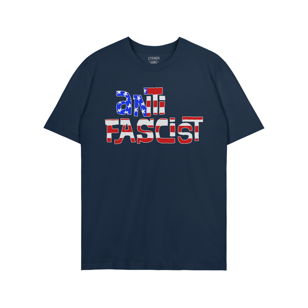Anti Fascist USA Shirt with distressed red, white, and blue ANTI FASCIST print, symbolizing defiance against fascism and hate