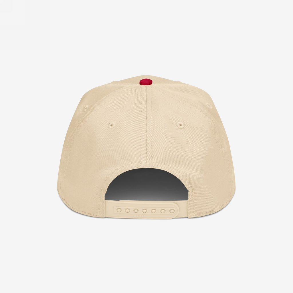 Anti-Racist Hat, back view: six-panel snapback with adjustable closure. Light beige with a red top button, embodying a bold statement against racism, photographed on a white background.