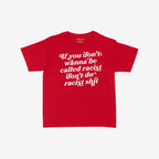 Anti-Racist Women's Baby Tee EU features bold white text on a red shirt, stating a powerful anti-racist message, with collaborative label inside the neck. Perfect for making a statement.
