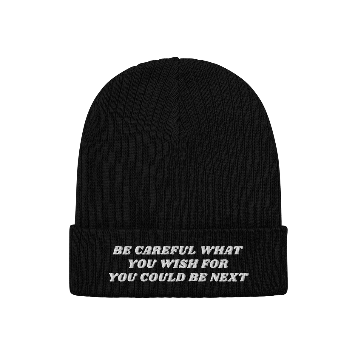 Anti-Racist Hat featuring a bold message in white block letters on a black rib-knit beanie with a folded cuff, challenging ra