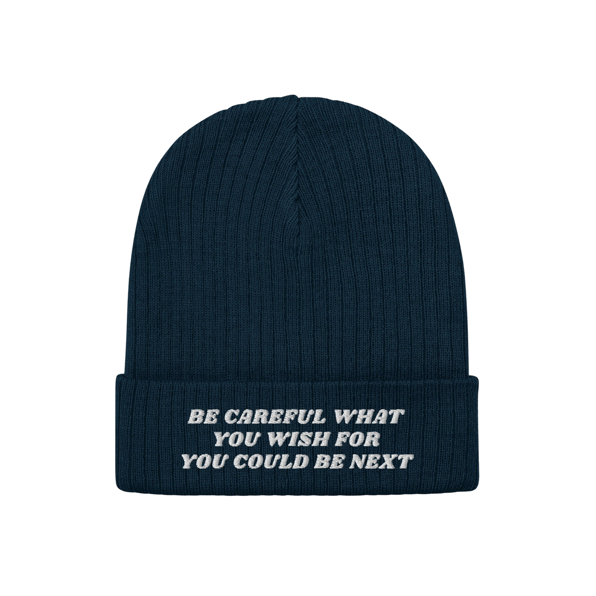 Anti-Racist Hat: A dark blue, rib-knit beanie with a folded cuff, featuring a bold white slogan challenging racism, embodying